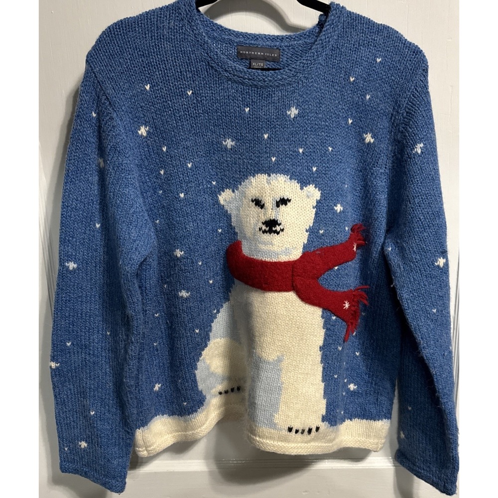 Vintage Northern Isle Womens XL Snowflake Polar Bear Sweater Winter Snow